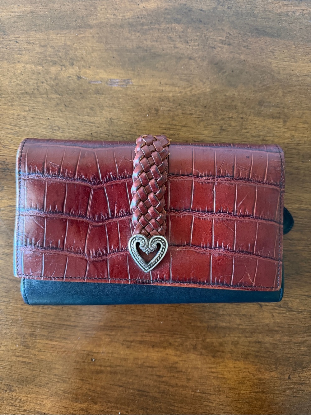 🤎 Brighton Brown Croc Embossed Leather Organizer Wallet Checkbook Heart EUC